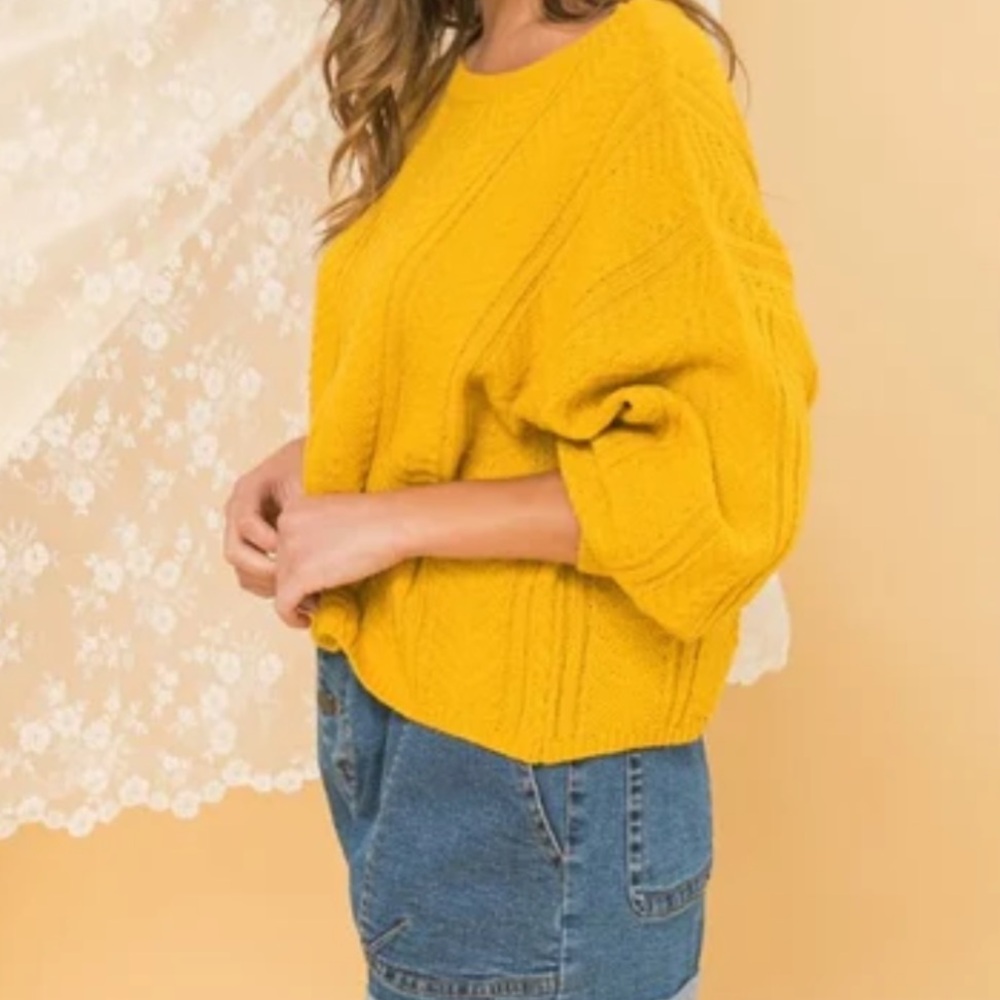 Flying Tomato Cable Knit Crop Sweater Crewneck Mustard Yellow